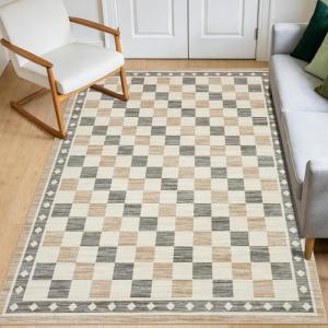 Garvee 6×9 Checkered Area Rug, Washable Soft Rugs for Living Room, Modern Geometric Non Slip Low Pile Carpet for Bedroom, Dining Room, Green(Beige)