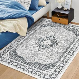 Garvee 8×10 ft Vintage Boho Printed Area Rugs for Living Room, Stain Resistant Washable Rug, Large Soft Low Pile Carpet for Bedroom/Dining Room/Kitchen/Nursery~Non-Slip Backing(Blue White)(Grey)