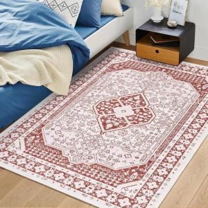 Garvee 8×10 ft Vintage Boho Printed Area Rugs for Living Room, Stain Resistant Washable Rug, Large Soft Low Pile Carpet for Bedroom/Dining Room/Kitchen/Nursery~Non-Slip Backing(Blue White)(Red)