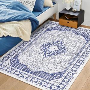 Garvee 8×10 ft Vintage Boho Printed Area Rugs for Living Room, Stain Resistant Washable Rug, Large Soft Low Pile Carpet for Bedroom/Dining Room/Kitchen/Nursery~Non-Slip Backing(Blue White)(Blue)