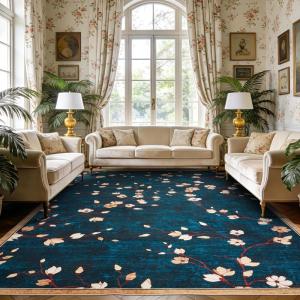 Garvee 9×12 Area Rug for Living Room, Vintage Floral Rug, Washable Non Slip & Low Pile Carpet for Living Room, Bedroom, Dining Room, Grey(Blue)