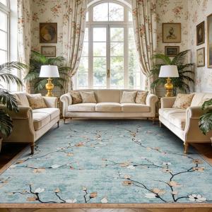 Garvee 9×12 Area Rug for Living Room, Vintage Floral Rug, Washable Non Slip & Low Pile Carpet for Living Room, Bedroom, Dining Room, Grey(Green)