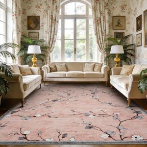 Garvee 9×12 Area Rug for Living Room, Vintage Floral Rug, Washable Non Slip & Low Pile Carpet for Living Room, Bedroom, Dining Room, Grey(Pink)