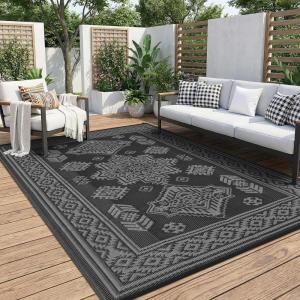 Garvee 9×12 Outdoor Rug, Waterproof All-Weather Patio Carpet – Reversible Fade & Resistant, Heavy Duty Non-Slip Backing for Large Deck, Living Room, Backyard, Pool Area, Porch,Dark+Blue(Black & Grey)
