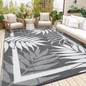 Garvee 9×12 Outdoor Rug, Waterproof All-Weather Patio Carpet – Reversible Fade & Resistant, Heavy Duty Non-Slip Backing for Large Deck, Living Room, Backyard, Pool Area, Porch,Dark+Blue(Grey+ White)