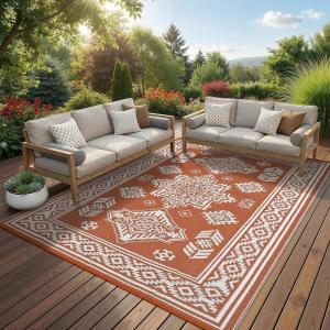 Garvee 9×12 Outdoor Rug, Waterproof All-Weather Patio Carpet – Reversible Fade & Resistant, Heavy Duty Non-Slip Backing for Large Deck, Living Room, Backyard, Pool Area, Porch,Dark+Blue(Terracotta & White)