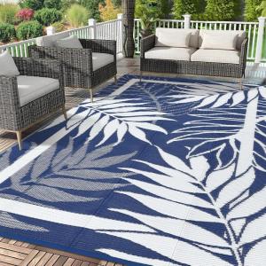 Garvee 9×12 Outdoor Rug, Waterproof All-Weather Patio Carpet – Reversible Fade & Resistant, Heavy Duty Non-Slip Backing for Large Deck, Living Room, Backyard, Pool Area, Porch,Dark+Blue(Dark+blue)