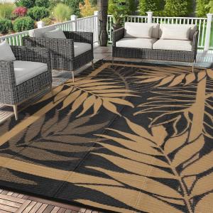 Garvee 9×12 Outdoor Rug, Waterproof All-Weather Patio Carpet – Reversible Fade & Resistant, Heavy Duty Non-Slip Backing for Large Deck, Living Room, Backyard, Pool Area, Porch,Dark+Blue(Black+brown)