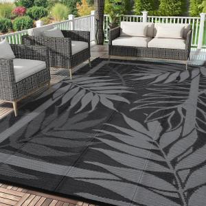 Garvee 9×12 Outdoor Rug, Waterproof All-Weather Patio Carpet – Reversible Fade & Resistant, Heavy Duty Non-Slip Backing for Large Deck, Living Room, Backyard, Pool Area, Porch,Dark+Blue(Black+grey)