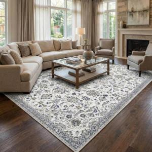 Garvee Area Rugs 4×6 Washable Non-Slip, Vintage Floral Medallion Living Room Bedroom Rugs, Retro Accent Oriental Large Carpet Rug for Dining Room Office, Ultra Thin Low Pile Floor Rug, Grey(Medallion|multi Color)