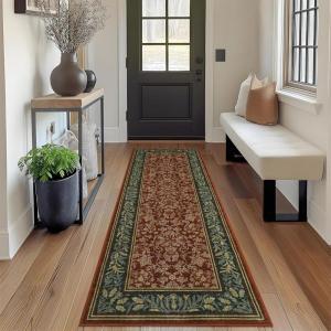 Garvee Floral 2×6 Kitchen Rugs, Washable Indoor Vintage Hallway Runner with Non Slip Back Low Pile Ultra Thin Bordered Oriental Throw Carpet Mat for Entryway Laundry Bedroom, Green Black(Floral Oriental|red)