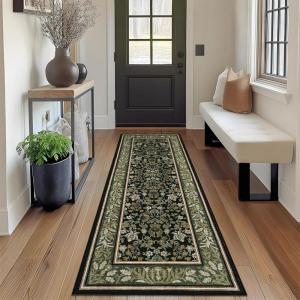 Garvee Floral 2×6 Kitchen Rugs, Washable Indoor Vintage Hallway Runner with Non Slip Back Low Pile Ultra Thin Bordered Oriental Throw Carpet Mat for Entryway Laundry Bedroom, Green Black(Floral Oriental|green Black)