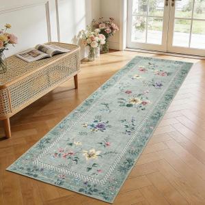 Garvee Floral Runner for Hallways Non Slip, 2×6 Washable Kitchen Runner Rug, Vintage Soft Ultra Thin Low Pile Carpet Mat for Girls Bedroom Bedside Laundry Bathroom Indoor Farmhouse Entryway Rugs, Pink(Vintage Floral|green)