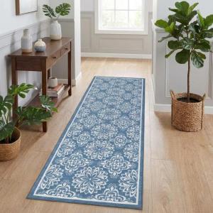 Garvee Floral Washable Rugs 6×9, Soft Pink 6×9 Area Rugs for Living Room Girl Bedroom, Distressed Transitional Indoor Floor Rug Non Slip Ultra Thin Under Table Carpet for Dining Room Office Home Decor(Accent Floral|blue)