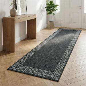 Garvee Geometric 2×6 Kitchen Rugs, Washable Modern Non Slip Green Hallway Runner Rug Bordered Ultra Thin Low Pile Entryway Rug Stain Resistant Non Shedding Throw Rugs for Laundry Bedroom(Bordered|black)