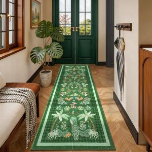 Garvee Jungle Rug 2×6 Kitchen Runner Rug, Washable Animal Print Soft Non Slip Hallway Runner Tropical Botanical Low Pile Throw Carpet Ultra Thin Peacock Monkey Floor Rugs for Laundry Bedroom, Black(Jungle|green)