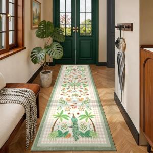 Garvee Jungle Rug 2×6 Kitchen Runner Rug, Washable Animal Print Soft Non Slip Hallway Runner Tropical Botanical Low Pile Throw Carpet Ultra Thin Peacock Monkey Floor Rugs for Laundry Bedroom, Black(Jungle|beige)