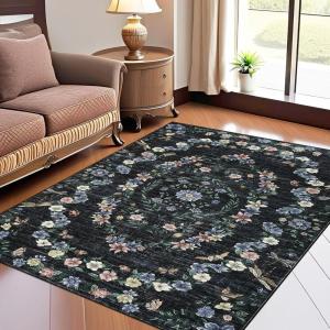 Garvee Large Floral Area Rugs for Living Room Bedroom 10×13 Non Slip Washable Rugs, Low Pile Stain Resistant Floral Carpet, Foldable Floor Mats for Dining Room, Nursery, Playroom, Black