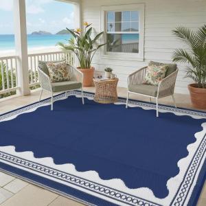 Garvee Outdoor Rug 8×10 Scalloped Waterproof Patio RV Outdoor Rugs Reversible Foldable Plastic Straw Rug Modern Camping Carpet for Deck Camper Porch Balcony Backyard Picnic Beach Dark Blue(Dark Blue)