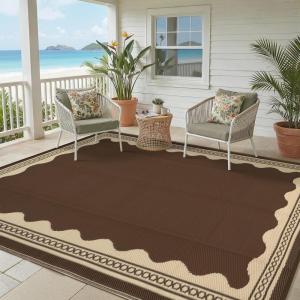 Garvee Outdoor Rug 8×10 Scalloped Waterproof Patio RV Outdoor Rugs Reversible Foldable Plastic Straw Rug Modern Camping Carpet for Deck Camper Porch Balcony Backyard Picnic Beach Dark Blue(Coffee)