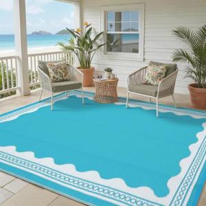 Garvee Outdoor Rug 8×10 Scalloped Waterproof Patio RV Outdoor Rugs Reversible Foldable Plastic Straw Rug Modern Camping Carpet for Deck Camper Porch Balcony Backyard Picnic Beach Dark Blue(Blue)