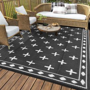 Garvee Outdoor Rug 8×10 ft, Reversible Patio Mat Waterproof & Lightweight, Plastic Straw Area Rug for Patio, Deck, RV Camping, Balcony, Easy Clean,Black/Coffee(Black White)