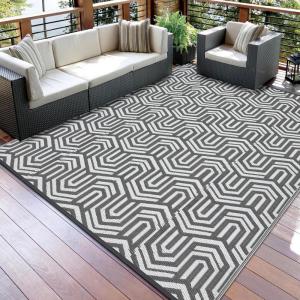 Garvee Outdoor Rug 8×10 ft, Reversible Patio Mat Waterproof & Lightweight, Plastic Straw Area Rug for Patio, Deck, RV Camping, Balcony, Easy Clean,Black/Coffee(Grey/White)