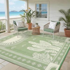 Garvee Reversible Cactus Outdoor Rug 8×10 for Patio, Waterproof Outdoor Area Rug, Modern Desert Botanical Indoor Outdoor Rugs, Plastic Straw Rug for RV, Camping, Deck, Sage Green & Beige(Sage Green & Beige)