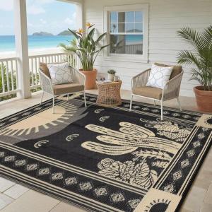 Garvee Reversible Cactus Outdoor Rug 8×10 for Patio, Waterproof Outdoor Area Rug, Modern Desert Botanical Indoor Outdoor Rugs, Plastic Straw Rug for RV, Camping, Deck, Sage Green & Beige(Black & Brown)