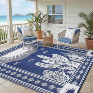 Garvee Reversible Cactus Outdoor Rug 8×10 for Patio, Waterproof Outdoor Area Rug, Modern Desert Botanical Indoor Outdoor Rugs, Plastic Straw Rug for RV, Camping, Deck, Sage Green & Beige(Navy & White)