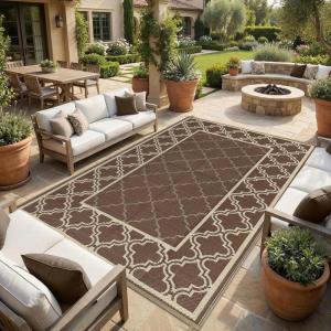 Garvee Reversible Outdoor Rug 8×10, Waterproof Outdoor Plastic Straw Rug with Interlacing Pattern, RV Mat for Picnics, Patio, Camping, Balcony, Deck, Backyard, Porch, Blue(Brown-style2)
