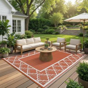 Garvee Reversible Outdoor Rug 8×10, Waterproof Outdoor Plastic Straw Rug with Interlacing Pattern, RV Mat for Picnics, Patio, Camping, Balcony, Deck, Backyard, Porch, Blue(Orange-style1)