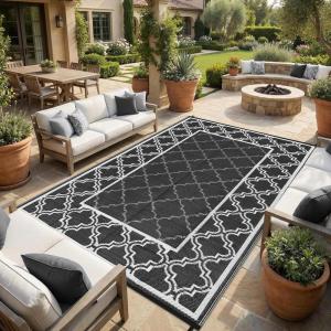 Garvee Reversible Outdoor Rug 8×10, Waterproof Outdoor Plastic Straw Rug with Interlacing Pattern, RV Mat for Picnics, Patio, Camping, Balcony, Deck, Backyard, Porch, Blue(Black-style2)
