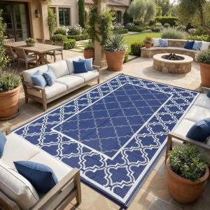 Garvee Reversible Outdoor Rug 8×10, Waterproof Outdoor Plastic Straw Rug with Interlacing Pattern, RV Mat for Picnics, Patio, Camping, Balcony, Deck, Backyard, Porch, Blue(Blue-style2)