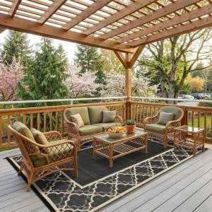 Garvee Reversible Outdoor Rug 8×10, Waterproof Outdoor Plastic Straw Rug with Interlacing Pattern, RV Mat for Picnics, Patio, Camping, Balcony, Deck, Backyard, Porch, Blue(Coffee-style1)