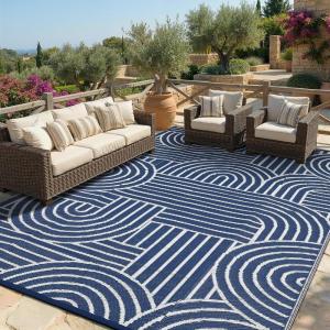 Garvee Reversible Rainbow Outdoor Rug 10×14, Waterproof Outdoor Plastic Straw Rug, RV Mat for Picnics, Patio, Camping, Balcony, Deck, Backyard, Porch, Black(Blue)