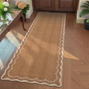 Garvee Scalloped 2×6 Washable Runner Rug for Kitchen, Floral Border Non Slip Hallway Runner Solid Accent Farmhouse Long Carpet for Laundry Girls Bedroom Accent Home Decor Mat, Light Taupe(Floral Scalloped|brown)
