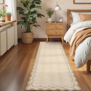 Garvee Scalloped 2×6 Washable Runner Rug for Kitchen, Floral Border Non Slip Hallway Runner Solid Accent Farmhouse Long Carpet for Laundry Girls Bedroom Accent Home Decor Mat, Light Taupe(Floral Scalloped|light Taupe)
