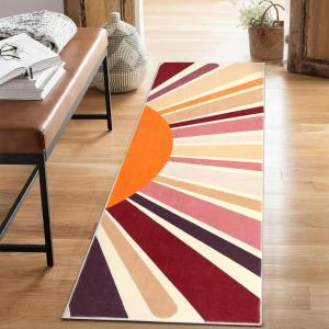 Garvee Sun Runners Rug, 2×6 Washable Non Slip Low-Pile Rugs with Rainbow Sun Abstract Print, Stain Resistant Rug Runner for Hallway Kitchen Entryway Laundry Bathroom Living Room, Colorful Blue(Sun|brown)
