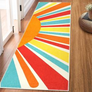 Garvee Sun Runners Rug, 2×6 Washable Non Slip Low-Pile Rugs with Rainbow Sun Abstract Print, Stain Resistant Rug Runner for Hallway Kitchen Entryway Laundry Bathroom Living Room, Colorful Blue(Sun|red)