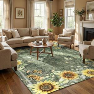 Garvee Sunflower 5×7 Area Rugs for Living Room, Large Soft Non Slip Bedroom Rugs, Botanical Butterfly Floral Print Farmhouse Floor Rug Low Pile Stain Resistant Distressed Carpet for Home Decor, Black(Sunflower|green)