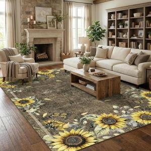Garvee Sunflower 8×10 Area Rugs for Living Room, Large Soft Non Slip Bedroom Rugs, Botanical Butterfly Floral Print Farmhouse Floor Rug Low Pile Stain Resistant Distressed Carpet for Home Decor, Black(Sunflower|taupe)