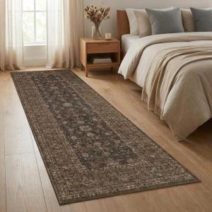 Garvee Washable 10×13 Area Rugs for Living Room, Vintage Non Slip Bedroom Rugs, Low Pile Ultra Thin Floral Rug for Dining Room Office, Non Shedding Stain Resistant Home Decor Carpet, Brown(Accent|brown)