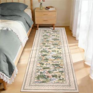 Garvee Washable Floral 2×6 Kitchen Rugs, Indoor Farmhouse Hallway Runner Rug with Non Slip Back, Low Pile Ultra Thin Stain Resistant Botanical Throw Carpet for Girls Bedroom Laundry Bathroom, Green(Water Lily|beige)