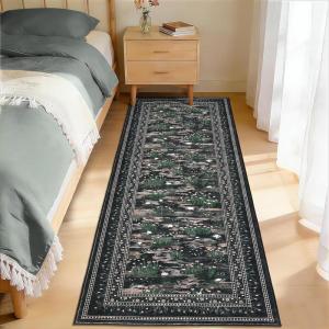 Garvee Washable Floral 2×6 Kitchen Rugs, Indoor Farmhouse Hallway Runner Rug with Non Slip Back, Low Pile Ultra Thin Stain Resistant Botanical Throw Carpet for Girls Bedroom Laundry Bathroom, Green(Water Lily|black)