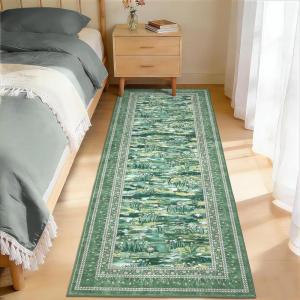 Garvee Washable Floral 2×6 Kitchen Rugs, Indoor Farmhouse Hallway Runner Rug with Non Slip Back, Low Pile Ultra Thin Stain Resistant Botanical Throw Carpet for Girls Bedroom Laundry Bathroom, Green(Water Lily|green)