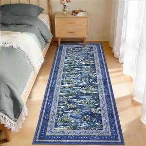 Garvee Washable Floral 2×6 Kitchen Rugs, Indoor Farmhouse Hallway Runner Rug with Non Slip Back, Low Pile Ultra Thin Stain Resistant Botanical Throw Carpet for Girls Bedroom Laundry Bathroom, Green(Water Lily|blue)