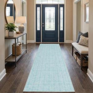Garvee Washable Runner Rug 2×6 Modern Runner Rug Non Slip Abstract Hallway Runners Indoor Soft Low Pile Lines Printed Entryway Runners Aesthetic Minimalist Bedside Floor Mat for Laundry Kitchen, Cream(Plaid Mint)