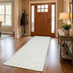Garvee Washable Runner Rug 2×6 Modern Runner Rug Non Slip Abstract Hallway Runners Indoor Soft Low Pile Lines Printed Entryway Runners Aesthetic Minimalist Bedside Floor Mat for Laundry Kitchen, Cream(Plaid Beige)