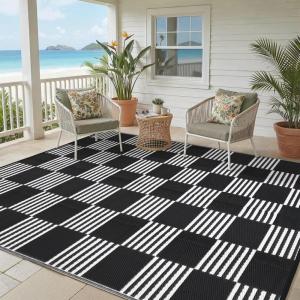 Garvee Waterproof Outdoor Rug 8×10, Checkered Foldable Plastic Straw Patio Camping Rug, Outdoor RV Carpet for Deck Camper Porch Balcony Backyard Picnic Beach Black and Brown(Black & White)